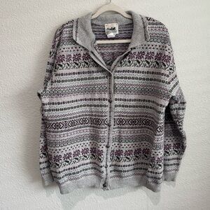VTG Northern Reflections Purple Grey Fair‎ Isle Cardigan Sweater XL Cottage Boho